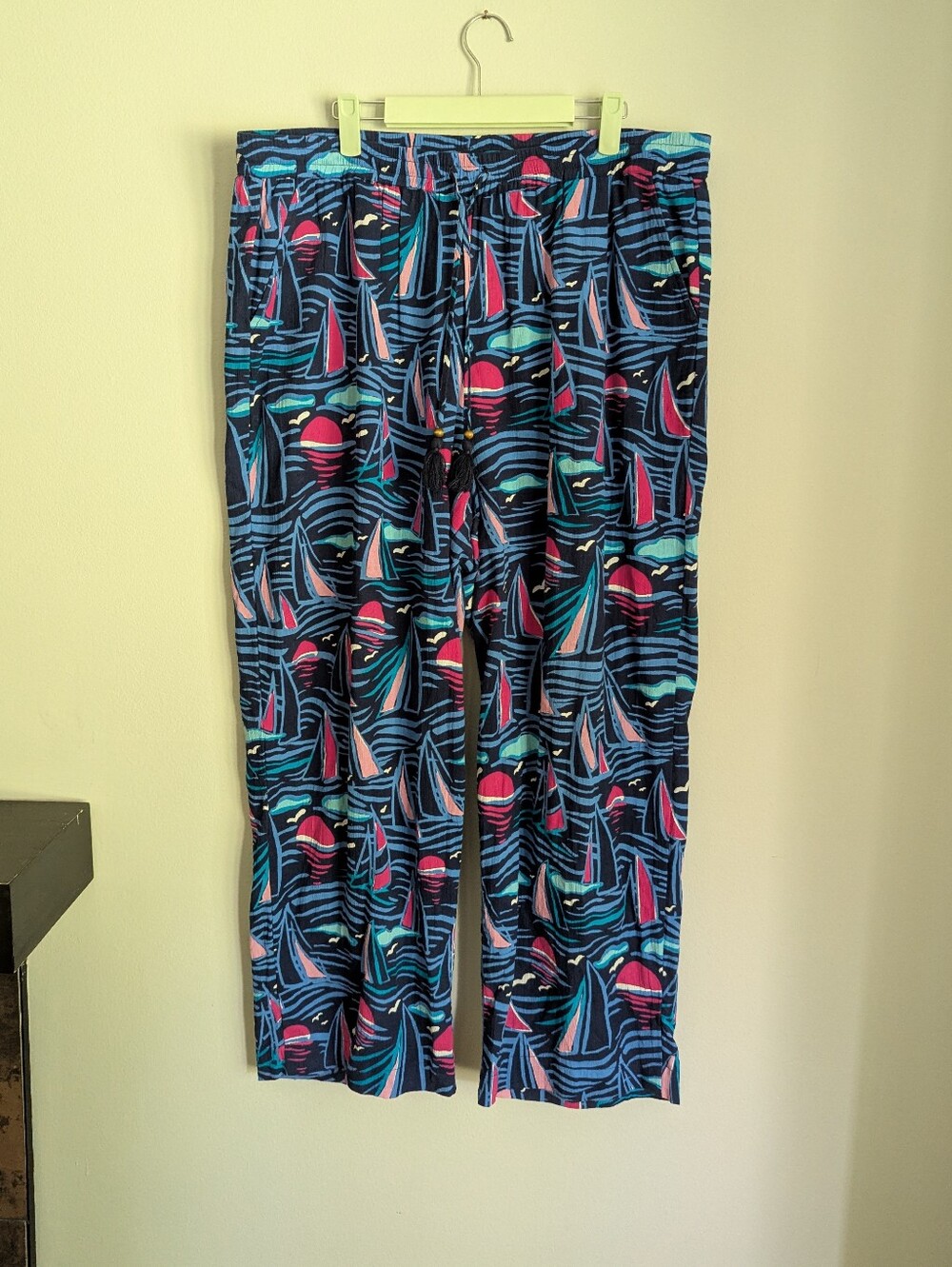 Talbots Women's XL Crinkle Cotton Sailing Boats Coastal Beach Pants Blue Pink